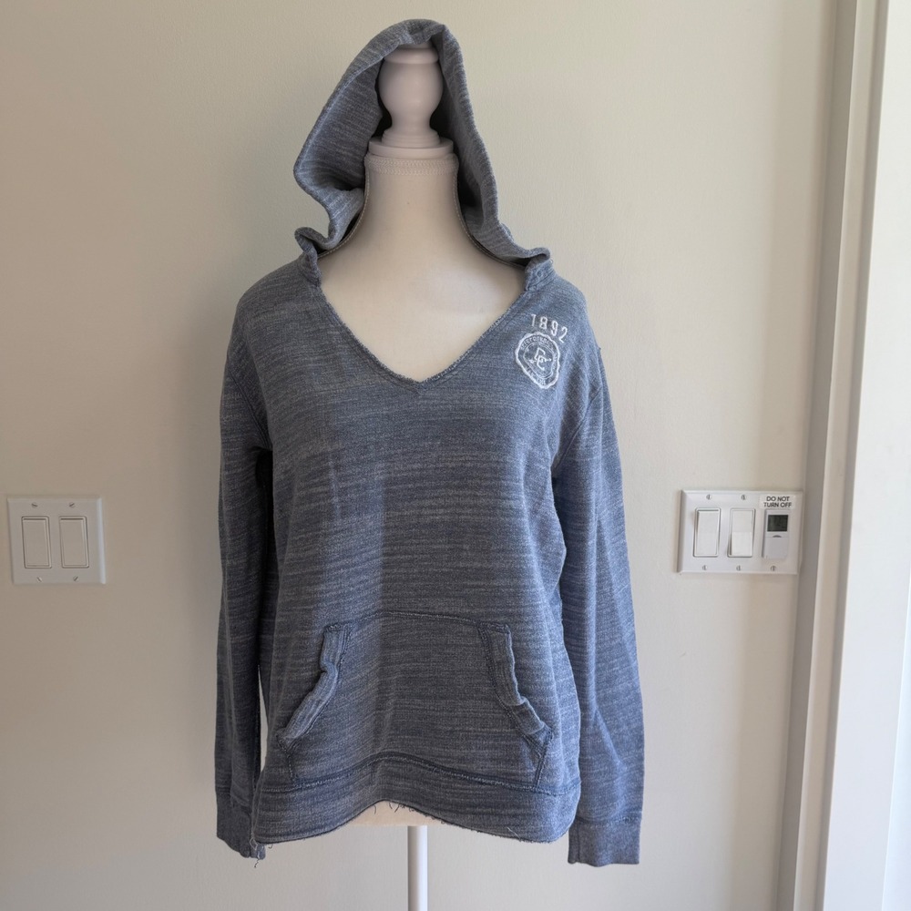 Abercrombie & Fitch Blue Heathered V-Neck Hoodie Sweatshirt Crest Logo M/L